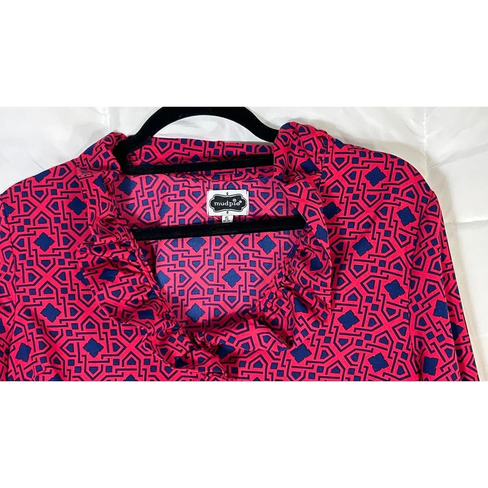 Mud Pie Womens Geometric Print Ruffle Neck Long Sleeve Button‎ Up Blouse Small - Picture 6 of 9